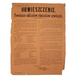 Obwieszczenie c i k - powołanie oddziałów robotniczych, Kielce, 1916r