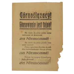 Upper Silesians! German leaflet plebiscite in Upper Silesia in 1921.