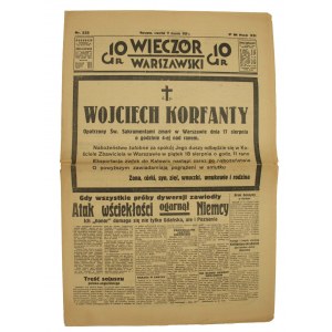 Dziennik Wieczór Warszawski- 17 sierpnia 1939r z nekrolog Wojciecha Korfantego