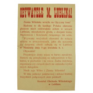 Plakat für die Feierlichkeiten zur Eingemeindung von Vilnius, Lublin, der Zweiten Polnischen Republik