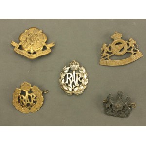 A set of five British badges, including RAF.