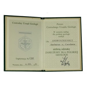 Legitimation für das silberne Verdienstabzeichen für polnische Geologie von 1981.