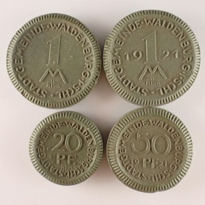 Město Waldenburg (Dolní Slezsko) 1 Marka 1921 2x, 50 Pfennig 1921, 20 Pfennig 1921, porcelán, 'R'...