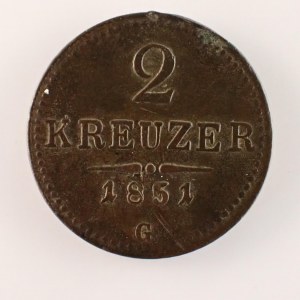 Rakouská konvenční a spolková měna / 2 Krejcar 1851 G, rysky, hry, Cu,