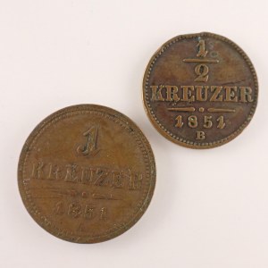 Rakouská konvenční a spolková měna / 1 Krejcar 1851 A, 1/2 Krejcar 1851 B, Cu,