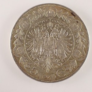 Korunová měna [1892 - 1918] / 5 Koruna 1909 b.z., otřelé detaily s RL, velmi pěkná na pohled, dr. hranka, Ag...