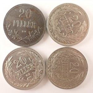 Korunová měna [1892 - 1918] / 20 Filler 1907 2x, 1908, 1916 Fe, vše KB, Ni, 4 ks