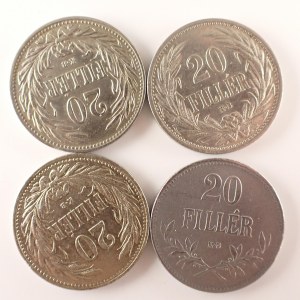 Korunová měna [1892 - 1918] / 20 Filler 1907, 1908, 1914, 1916 Fe, vše KB, Ni, 4 ks