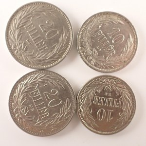 Korunová měna [1892 - 1918] / 20 Filler 1907, 1914, 10 Filler 1908, 1909 vše KB, Ni, 4 ks