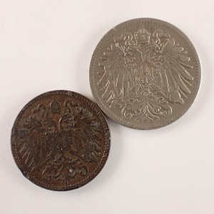 Korunová měna [1892 - 1918] / 2 Haléř 1900, důlkek, 20 Haléř 1909, 2 ks