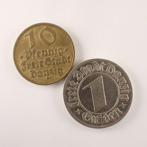 Gdaňsk / 1 Gulden 1932, vroubk. hrana, 10 Pfennig 1932, 2 ks