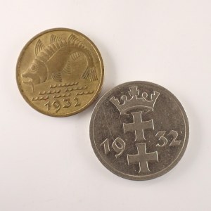 Gdaňsk / 1 Gulden 1932, vroubk. hrana, 10 Pfennig 1932, 2 ks
