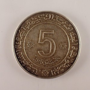 Alžír / 5 Dinars 1972, 10. výr. nezávislosti, patina, Ag,
