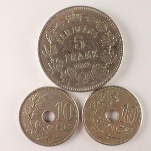Belgie / 5 Francs 1932 1932, 10 Centimes 1905 x2, 3 ks