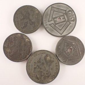 Belgie / 5 Frank 1941, 1 Frank 1942, 1946, 25 Centimes 1942, 10 Centimes 1942, Zn, 5 ks