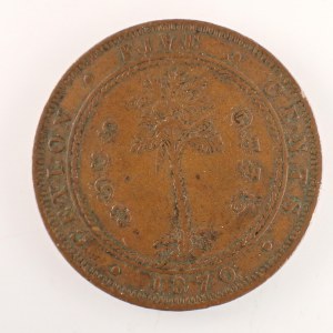 Ceylon (Srí Lanka) / 5 Cents 1870 - Victoria, KM#93, Cu,