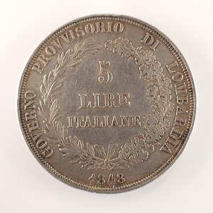 Itálie / 5 Lira 1848 M, Milano, krátke konce ratolestí, Dav.206, hranka, Ag,