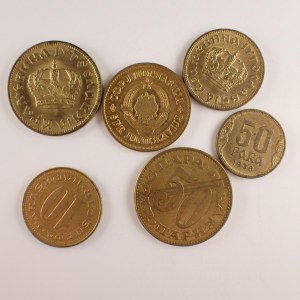 Jugoslávie / 2 Dinar, 1 dinar, 50 Para 1938, 50 Para 1978, 20 Para, 10 Para 1980, 6 ks