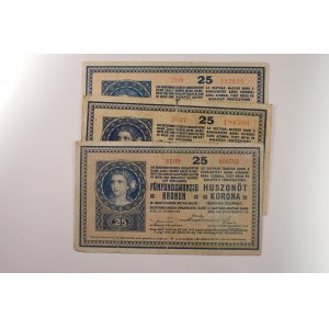 Rakousko - Uhersko / 25 K, 1918 série 3109, jiný číslovač 3027, 3109, Bajer RU 12, 3 ks