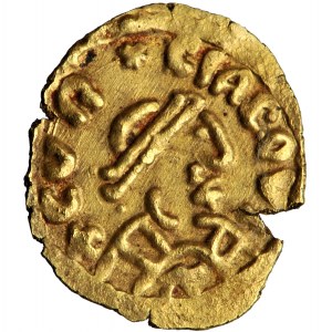 Frankowie. Merowingowie, triens (tremissis), Courçais (Curciaco vicus), mincerz Fedegius, ok. 600-675