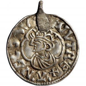 England, Canute der Große, Pfennig (Denar) vom Typ Quatrefoil, Winchester, Leofwine minster, ca. 1017-1023, mit zeitgenössischem Bügel