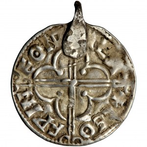 Anglia, Kanut Wielki, pens (denar) typu Quatrefoil, Winchester, mincerz Leofwine, ok. 1017-1023, z uszkiem z epoki