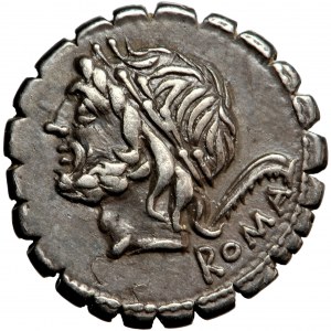 Roman Republic, L. Memmius Galeria, AR Serrate Denarius, 106 BC, Rome mint.