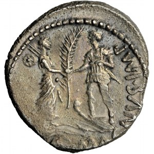 Römische Republik, Cn. Pompeius Magnus und M. Poblicius, Denar, nicht näher bezeichnete Münzstätte in Spanien, 46-45 v. Chr.