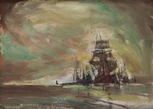 Marian Mokwa (1889 Malary - 1987 Sopot), Statek na morzu, około1981