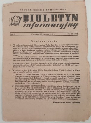 Biuletyn Informacyjny 1943 nr 24 - zastrzeleni Lange i Schulz, Pawiak, Akcja pod Arsenałem/SZP, ZWZ, AK/
