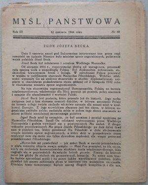 Myśl Państwowa 1943 nr 60 - Józef Beck - zgon /KON/