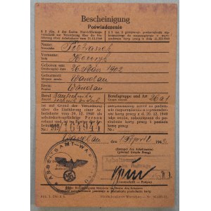 [Poświadczenie karty pracy] Bescheinigung 1942 Warszawa
