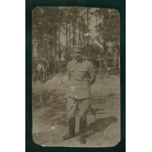 Marshal Jozef Pilsudski in Lacki Polski near the dugout of the Command of the 5th p.p. Legions, sepia photo, 6.5x10.5 cm