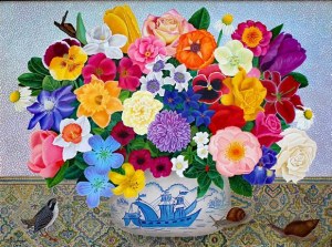 Magdalena Shummer-Fangor (ur. 1930), Kwiaty w chińskiej wazie (z ptakiem i ślimakiem), 1998 r.