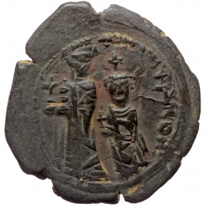 Heraclius (610-641), with Heraclius Constantine, AE follis (Bronze, 34,8 mm, 17,45 g), Nicomedia, RY 4 = 613/4. Overstru