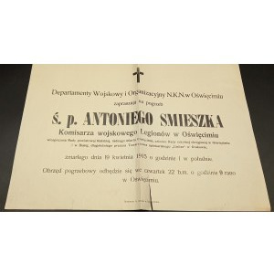 Nachruf auf den verstorbenen Antoni Smieszek Militärkommissar der Legionen in Oświęcim Jahr 1915