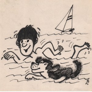 Zdzisław Byczek (1956-2016) - [rysunek, ok. 1985] -Żeby mu nie było przykro pływam tylko Pieskiem, ok. 1985/tusz na kartonie 15 x 15,5 cm., podklejony na kartonowe passep. 16 x 15,7 cm.