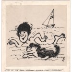 Zdzisław Byczek (1956-2016) - [rysunek, ok. 1985] -Żeby mu nie było przykro pływam tylko Pieskiem, ok. 1985/tusz na kartonie 15 x 15,5 cm., podklejony na kartonowe passep. 16 x 15,7 cm.