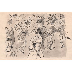 Zbigniew Lengren (1919-2003) - [rysunek, 1978] [Zabawa z niespodziankami], Zbigniew LENGREN (1919-2003) - [rysunek, 1978] [Zabawa z niespodziankami]; 1978/piórko, akwarela kartonie, wym. 18,5 x 22,5 cm., kompozycja c. 11 x 16 cm.