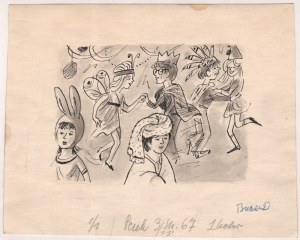 Zbigniew Lengren (1919-2003) - [rysunek, 1978] [Zabawa z niespodziankami], Zbigniew LENGREN (1919-2003) - [rysunek, 1978] [Zabawa z niespodziankami]; 1978/piórko, akwarela kartonie, wym. 18,5 x 22,5 cm., kompozycja c. 11 x 16 cm.