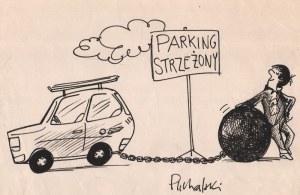 Juliusz Puchalski (1930-2011) - [rysunek, lata 1980-te] [parking strzeżony], Juliusz PUCHALSKI (1930-2011) - [rysunek, lata 1980-te] [Parking strzeżony]; lata 1980-te/tusz na papierze milimetrowym, wym. karty 21 x 29,5 cm.