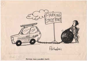 Juliusz Puchalski (1930-2011) - [rysunek, lata 1980-te] [parking strzeżony], Juliusz PUCHALSKI (1930-2011) - [rysunek, lata 1980-te] [Parking strzeżony]; lata 1980-te/tusz na papierze milimetrowym, wym. karty 21 x 29,5 cm.
