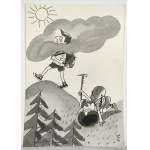 Jerzy Flisak (1930-2008) - [rysunek, lata 1980-te] [turyści w górach], Jerzy FLISAK (1930-2008) - [rysunek, lata 1980-te] [Turyści w górach]; lata 1980-te/tusz, akwarela na papierze, karta o wym. 20,8 x 19,7 cm.