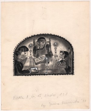 Janina Krzemińska (1927-1996) - [rysunek, 1991] Rozmowa z ojcem i matką (I.B. Singer), Janina KRZEMIŃSKA (1927-1996) - [rysunek, 1991] Rozmowa z ojcem i matką (I.B. Singer);