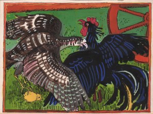 Maria Mackiewicz (1927-2004) - [rysunek, ok. 1989] [jastrząb porywający kurczaka], Maria MACKIEWICZ (1927-2004) - [rysunek, lata 1989] [Jastrząb porywający kurczaka]; 1989/akwarela, gwasz, tusz na kartonie, wym. 11,5 x 15,5 cm na karcie 19 x 21 cm.