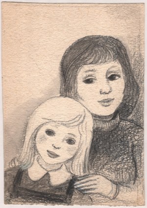 Maria Mackiewicz (1927-2004) - [rysunek, ok. 1989] [Matka i córka], Maria MACKIEWICZ (1927-2004) - [rysunek, lata 1980] [matka i córka]; 1989/ołówek na kartonie, wym. ok. 26 x 17 cm.