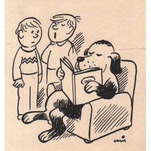 Gwidon Miklaszewski (1912-1999) - rysunek, lata 1980-te]  - Oczywiście, że on nie umie czytać. On tylko ogląda obrazki!, Gwidon MIKLASZEWSKI (1912-1999) - [rysunek, lata 1980-te]  - Oczywiście, że on nie umie czytać. On tylko ogląda obrazki!; lata 19