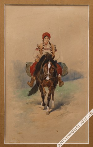 Juliusz Holzmüller (1876-1932) - [rysunek, 1906] Hucułka na koniu, Juliusz Holzmüller (1876-1932) - [rysunek, 1906] Hucułka na koniu; 1906/akwarela, gwasz na kartonie 49 x 30 cm.