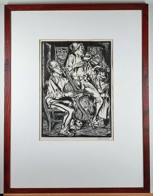 Tadeusz Kulisiewicz (1899-1988) - [grafika, lata 1930-te] [Muzykanci], Tadeusz KULISIEWICZ (1899-1988) - [grafika, lata 1930-te] [Muzykanci]; lata 1930-te/drzeworyt 31 x 22 cm., karta 37 x 29 cm., passepartout, drewniana rama 62 x 57 cm.