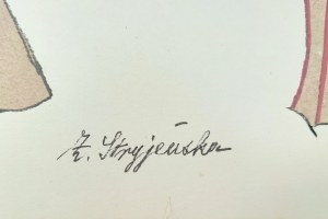 Zofia Stryjeńska - [Ilustracja, Gwasz, 1939 R.] [Strój Ludowy], Zofia STRYJEŃSKA - [ilustracja, gwasz, 1939 r.] [Strój ludowy]; [Nicea 1939]/[Wyd. C. Szwedzicki]/litografia, gwasz malowany szablonem (pochoir) na arkuszu o wym. 32 x 26 cm. (w świetle passe